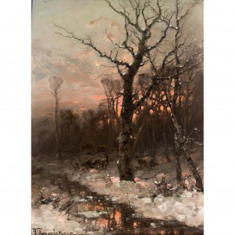 THOMASSIN, D. v., wohl Désiré ( D. Th.: 1858-1933), 'Rehe in verschneitem Wald bei Sonnenuntergang',