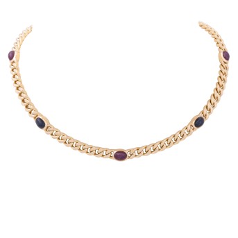 Panzerkette mit 3 Rubin-, 2 Saphircabochons,
