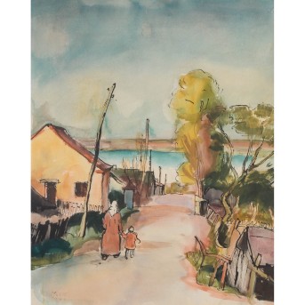MUCK, FRIEDRICH OTTO (1882-1960) 'Szene auf einer Strasse in einem kleinen Ort am Meer' 1944