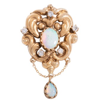 Anhänger/Brosche mit 2 Opalen und 5 kleinen Brillanten zus. ca. 0,35 ct,
