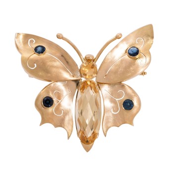 Handgearbeitete Brosche 'Schmetterling' mit 4 runden Saphiren