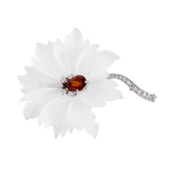 Brosche 'Blüte' geschnitten aus Bergkristall mit Citrintropfen und Brillanten