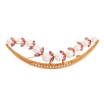 Anhänger / Brosche mit 10 Akoyaperlen, 18 rosa Saphiren und 14 Brillanten