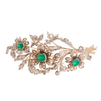 Brosche 'Blumenbouquet' mit Beryllen und Diamantrosen zus. ca. 1,5 ct,