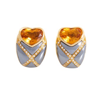 Ohrclips mit Citrinherzen, Hämatit und Brillanten zus. ca. 0,25 ct,