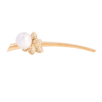 Florale Nadel mit Südseeperle u. Brillanten von zus. ca. 0,5 ct,