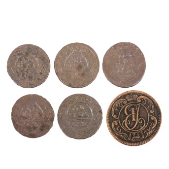 Russia - Mixed lot of 5 x 1/2 kopecks (denga) and 1 x 2 kopecks (NP) Elizabeth and Anna 1731-1755, 