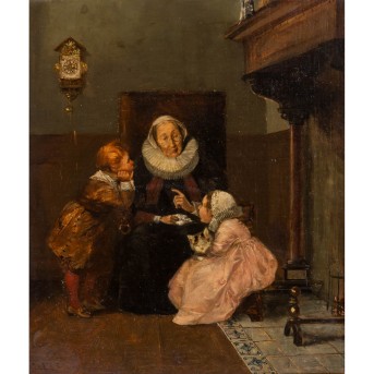 NIEDERLÄNDISCHE SCHULE DES XIX JAHRHUNDERTS 'Enkelkinder hören der Großmutter vor dem Kamin aufmerksam zu' 1883