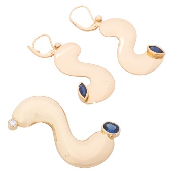 Schmuckset Anhänger und Ohrhänger mit Saphiren und 1 Brillant ca. 0,1 ct,