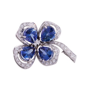 Aparte Brosche 'Kleeblatt' mit 4 feinen Tansaniten