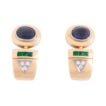 Paar Ohrsteckclips mit 2 ovalen Saphircabochons,