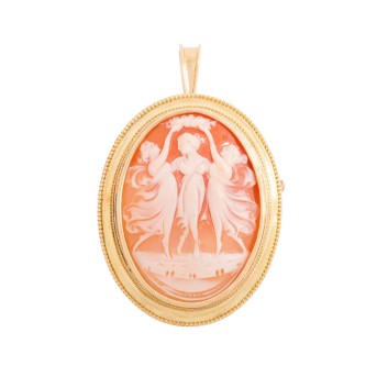 Brosche/Anhänger mit Muschelgemme 'Drei Grazien',
