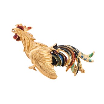 Brosche 'Hahn' mit Feueremail,