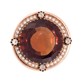 Historismus Brosche mit Citrin, 32 Halbperlen und 4 Diamantrosen,