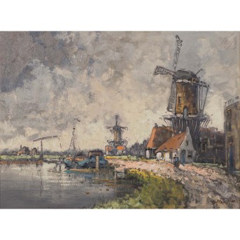 HAMBÜCHEN, WILHELM (1869-1939) 'Nördliche Küstenlandschaft mit Windmühle und Dorf'