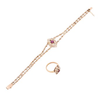 Set: Armband und Ring besetzt mit Rubinen und Brillanten