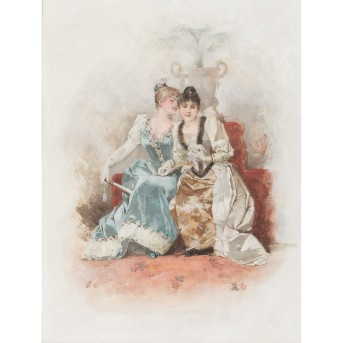 CLEMENTZ, HERMANN (1852-1930) 'In eleganter Abendgarderobe teilen sich ein Geheimnis, zwei Damen auf dem Samtsofa' 1892