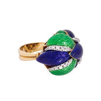 Cocktailring mit Email und 24 Achtkantdiamanten