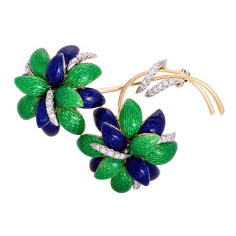 Herausragende Brosche mit Email und 36 Achtkantdiamanten,