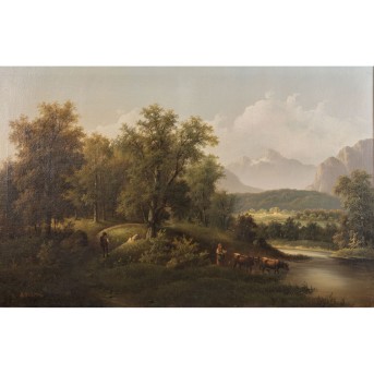 KÜNSTLER DES XIX 'Alpenlandschaft mit Gewässer und Personenstaffage'