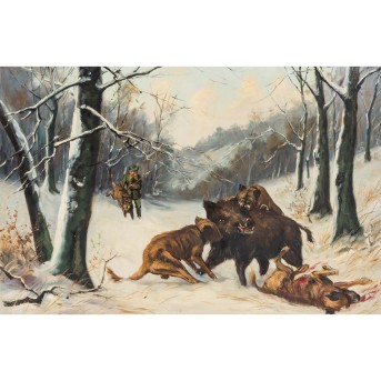 MALER/IN 19./20. Jh., 'Jäger mit Hunden bei der Wildschweinhatz im Winterwald',