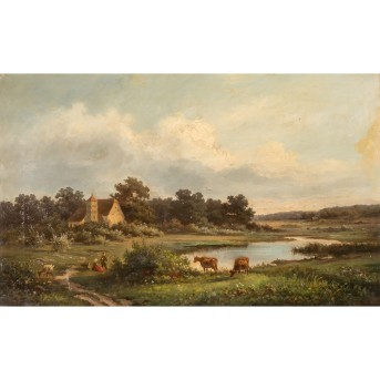 DEUTSCHE SCHULE DES SPÄTEN XIX JAHRHUNDERTS 'Landschaft mit weidendem Vieh am Ufer eines Sees'