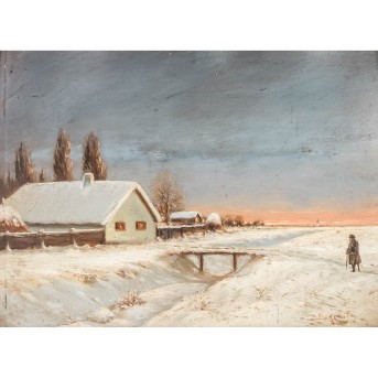 BEREGI, SÀNDOR (1876-1943) 'Schneelandschaft mit älterer Mann mit hölzernem Fuß'