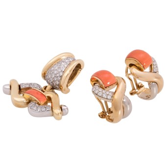 Schmuckset mit Koralle und Brillanten von zus. ca. 1,4 ct,