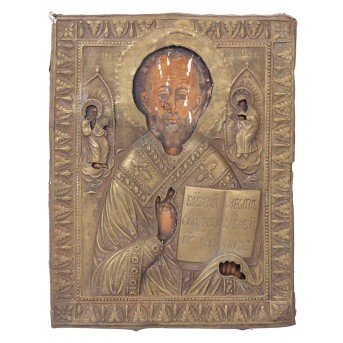 IKONE 'Heiligen Nikolaus dem Wundertäter mit Messing-Oklad'