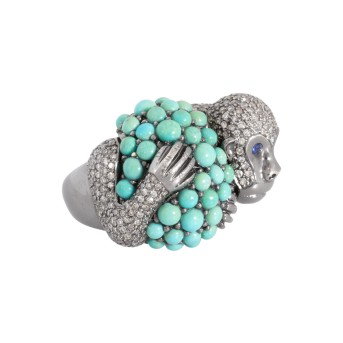 Ring 'Äffchen' mit Türkisen und Diamanten zus. ca. 1,5 ct,