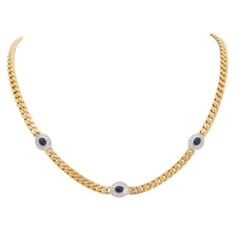 Collier, Panzerkette mit 3 Saphircabochons und 36 Achtkantdiamanten