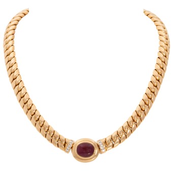 Collier, Panzercollier mit Rubincabochon und 10 Diamanten,