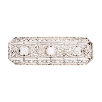 Art Déco Brosche mit Perle, 2 Altschliffdiamanten