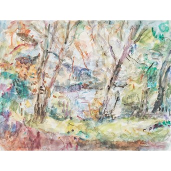 HENNINGER, MANFRED (1894-1986, Prof.), 'Südliche Landschaft mit Wiese unter Bäumen', 1977,