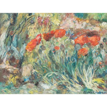 HENNINGER, MANFRED (1894-1986, Prof.), 'Rote Blumen in Gartenlandschaft',