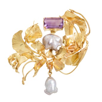 DIX OTTO JAN DIX Unikat Brosche mit Amethyst und 2 Biwa-Perlen,