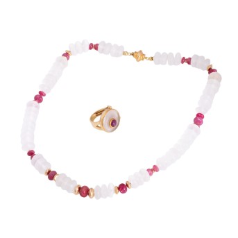 Schmuckset Kette und Ring mit Bergkristall und Rubin,