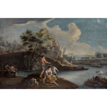 LANDSCHAFTSMALER DES XIX JAHRHUNDERTS 'Ideale Landschaft mit Fischern an einem See'