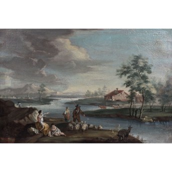 LANDSCHAFTSMALER DES XIX JAHRHUNDERTS 'Ideale Landschaft mit Hirten an einem See'