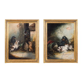 ARMFIELD, EDWARD (1817-1896) 'Paar Bilder von Terriern, die in einer Scheune spielen'