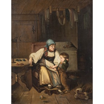 MALER DES XIX JAHRHUNDERTS 'Oma mit Enkel in der Stube'