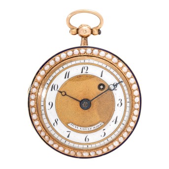 JEAN LOUIS MORÈ GENEVE antike museale Damen Spindeluhr mit Perlenbesatz und Lupenmalerei.