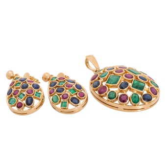 Schmuckset Anhänger und Ohrringe mit Farbsteinen,