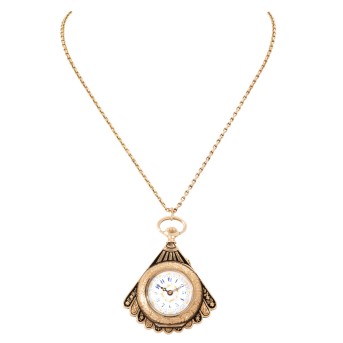 Antike, emaillierte offene Damen Umhängeuhr mit Kette.