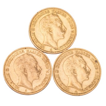 Dt. Kaiserreich Preussen/GOLD - Wilhelm II. 20 Mark 1896, 1898, 1900 A J.252. 3 Stück.