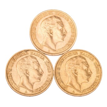 Dt. Kaiserreich Preussen/GOLD - Wilhelm II. 20 Mark 1902, 1906, 1908 A J.252. 3 Stück.