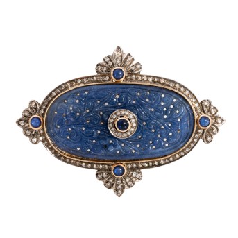 Brosche mit fein geschniztem Saphir ca. 40 ct