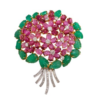 Brosche 'Blumenstrauß' mit pinkfarbenen Saphiren zus. 25,8 ct,