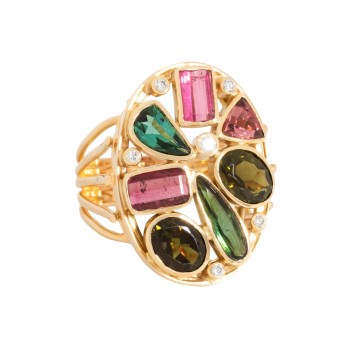Ring with 3 pink and 4 green tourmalines,