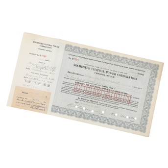 Von Virginia Vanderbilt signiertes Aktienzertifikat der Rochester Central Power Corporation, 1928,